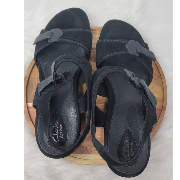 Clarks Artisan Black Nubuck Leather Open Toe Slingback Sandals Women's Size 12 - Picture 5 of 6